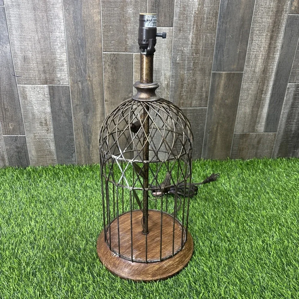 Vintage Birdcage Table Lamp Rustic Metal Wood Birds Farmhouse Decor